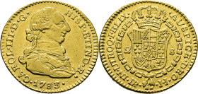 Nuevo Reino, Santa Fe de. 2 escudos. 1783 sobre 83. JJ. EBC-. Escasa