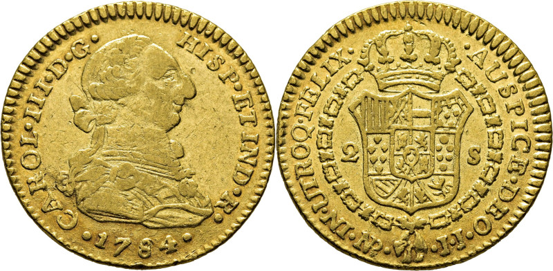 CARLOS III. Nuevo Reino, Santa Fe de. 2 escudos. 1784 el 8 sobre lo que podría s...