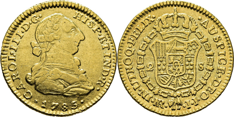 CARLOS III. Nuevo Reino, Santa Fe de. 2 escudos. 1785. JJ. Cy12537. Restrepo61-2...