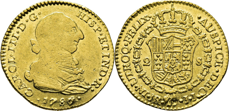 CARLOS III. Nuevo Reino, Santa Fe de. 2 escudos. 1787 sobre 6. JJ. Cy12554. Rest...