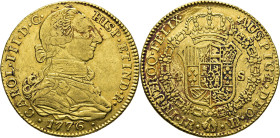 Nuevo Reino, Santa Fe de. 4 escudos. 1776. JJ sobre VJ. Rarísima. Conocemos tres ejemplares más