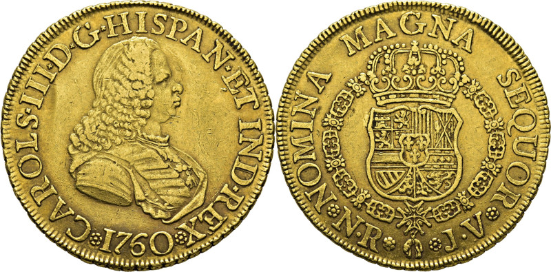 CARLOS III. Nuevo Reino, Santa Fe de. 8 escudos. 1760. JV. Cy12737. Restrepo69-2...