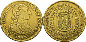Nuevo Reino, Santa Fe de. 8 escudos. 1762. JV. Busto propio. Tono. Muy rara