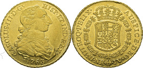 Nuevo Reino, Santa Fe de. 8 escudos. 1763 rectificado sobre 63. JV. Casi EBC+. Atractivo. Muy rara