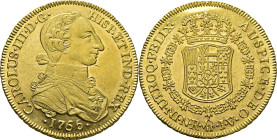 Nuevo Reino, Santa Fe de. 8 escudos. 1765. JV. SC-/SC. Soberbio. Muy rara
