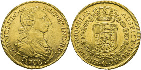 Nuevo Reino, Santa Fe de. 8 escudos. 1766 rectificado sobre 6. JV. EBC+/casi SC-. Atractivo. Muy rara