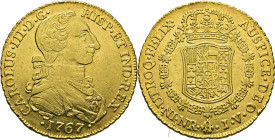 Nuevo Reino, Santa Fe de. 8 escudos. 1767. JV. EBC+. Atractivo. Muy rara