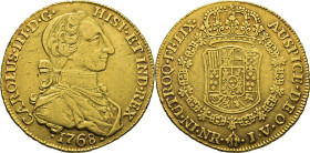 Nuevo Reino, Santa Fe de. 8 escudos. 1768 de mayor tamaño el 6. JV. Atractivo. Muy rara