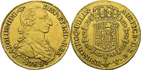 Nuevo Reino, Santa Fe de. 8 escudos. 1769 de mayor tamaño el 69. V. EBC-. Muy rara