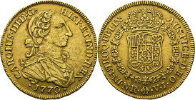 Nuevo Reino, Santa Fe de. 8 escudos. 1770 rectificado sobre 0. VJ. EBC-. Muy buen ejemplar. Muy rara