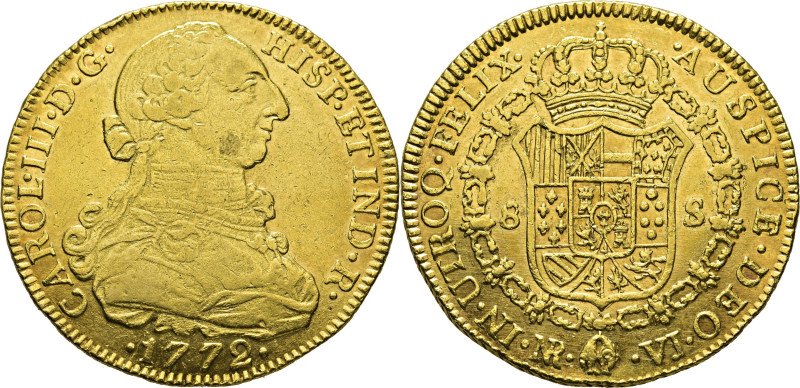 CARLOS III. Nuevo Reino, Santa Fe de. 8 escudos. 1772. VJ. Cy12831. Restrepo72-2...