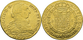 Nuevo Reino, Santa Fe de. 8 escudos. 1777 sobre 6. JJ. Tono