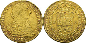 Nuevo Reino, Santa Fe de. 8 escudos. 1778 sobre 7. Intenso tono rojizo atractivo