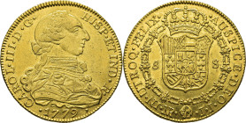 Nuevo Reino, Santa Fe de. 8 escudos. 1779. JJ. EBC/EBC+. Tono intenso. Atractivo