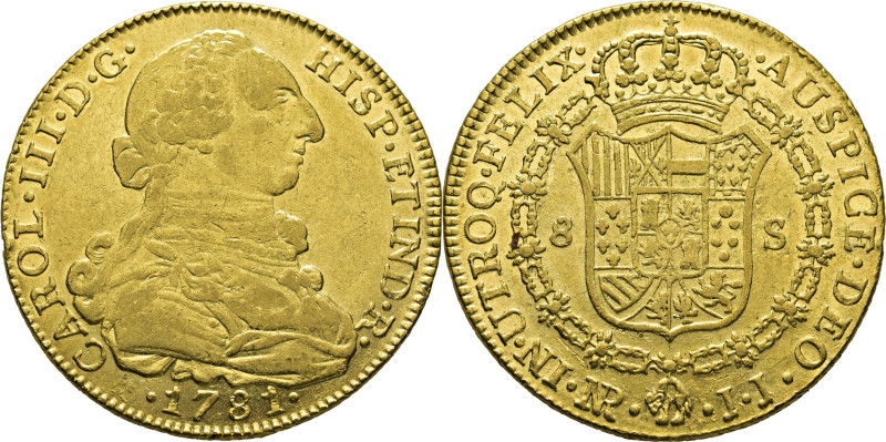 CARLOS III. Nuevo Reino, Santa Fe de. 8 escudos. 1781. JJ. Cy12931. Restrepo72-2...