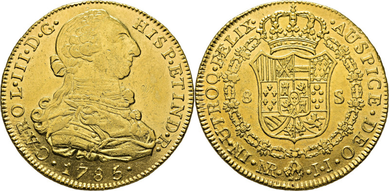 CARLOS III. Nuevo Reino, Santa Fe de. 8 escudos. 1785. JJ. Cy12971. Restrepo72-3...