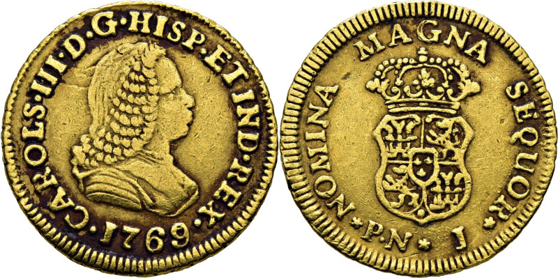 CARLOS III. Popayán. 1 escudo. 1769 sobre lo que entendemos es un 7. J. Cy no ci...