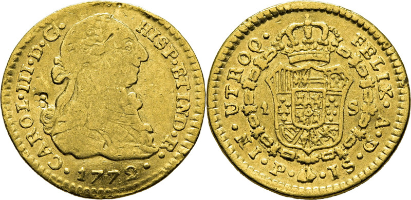 CARLOS III. Popayán. 1 escudo. 1772. JS. Cy12253. Restrepo54-2. 3´28 g. Marquita...