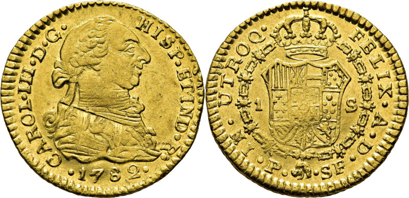 CARLOS III. Popayán. 1 escudo. 1782. SF. Cy12323. Restrepo54-22. 3´36 g. Erosión...