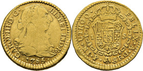 Popayán. 1 escudo. 1785. SF. Bonito tono rojizo. Escasa