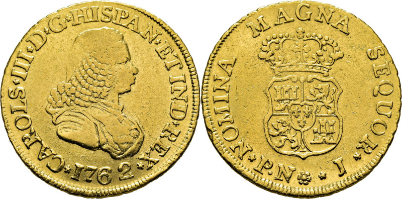 CARLOS III. Popayán. 2 escudos. 1762. El último dígito algo dislocado. J. Cy1239...