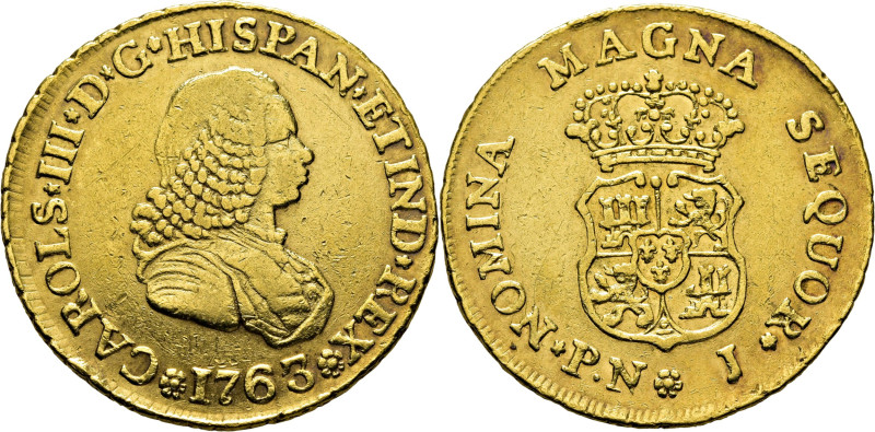 CARLOS III. Popayán. 2 escudos. 1763. J. Cy12395. Restrepo58-8. 6´72 g. Marquita...