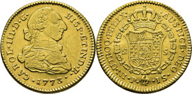 Popayán. 2 escudos. 1773. JS. Vellocino con cabeza hacia la derecha. Casi EBC. Atractivo. Escasa