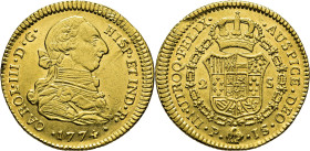 Popayán. 2 escudos. 1774. JS. Vellocino con cabeza hacia la derecha. Mejor que EBC+/SC. Soberbio. Rara
