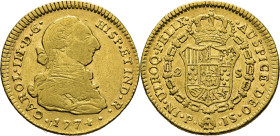 Popayán. 2 escudos. 1774. JS. Vellocino con cabeza hacia la izquierda. Muy escasa