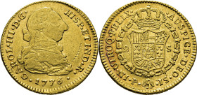 Popayán. 2 escudos. 1775 sobre 4. JS. EBC-/mejor que EBC. Atractivo. Escasa