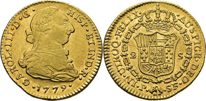 CARLOS III. Popayán. 2 escudos. 1779. SF. Cy12485. Restrepo62-16. 6´74 g. Finas ...