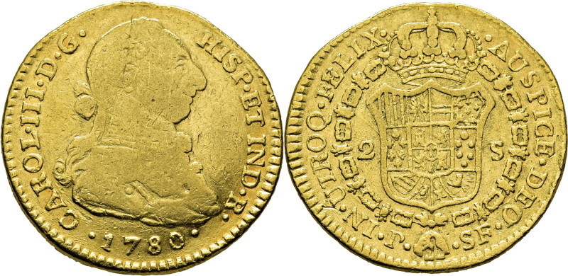 CARLOS III. Popayán. 2 escudos. 1780. SF. Cy12497. Restrepo62-18. 6´62 g. Abunda...