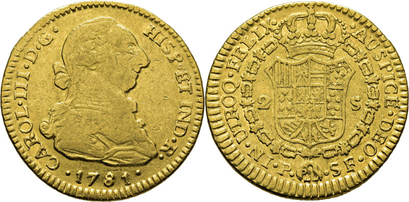 CARLOS III. Popayán. 2 escudos. 1781 sobre 0. SF. Cy12506. Restrepo62-19. 6´66 g...