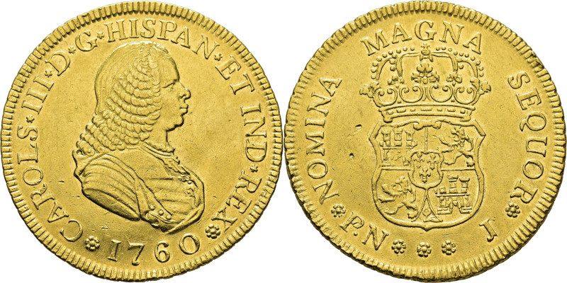 CARLOS III. Popayán. 4 escudos. 1760. J. Con los tipos de Fernando VI. Cy12575. ...