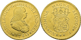Popayán. 4 escudos. 1760. J. Con los tipos de Fernando VI. EBC/EBC+. Atractio. Muy rara