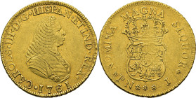 Popayán. 4 escudos. 1761. J. Con los tipos de Fernando VI. Atractivo. Rara