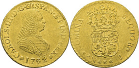 Popayán. 4 escudos. 1762. J. Con los tipos de Fernando VI. EBC-. Atractivo. Rara