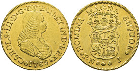 Popayán. 4 escudos. 1769. J. Con los tipos de Fernando VI. EBC-/EBC+. Atractivo. Rara