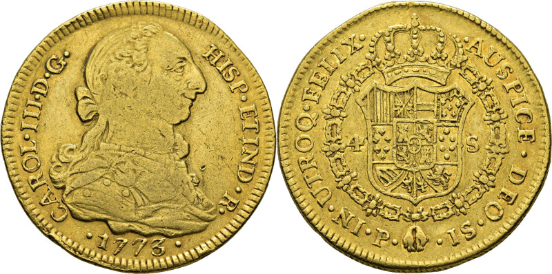 CARLOS III. Popayán. 4 escudos. 1773. JS. Primer año con tipos propios. Cy12620....