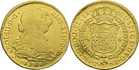 Popayán. 4 escudos. 1780. El 8 sobre 7. SF. Atractivo. Escasa