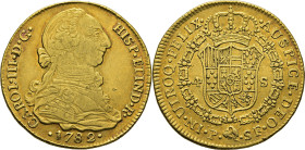 Popayán. 4 escudos. 1782 sobre 1781. SF. Bonito tono rojizo. Atractivo. Rara