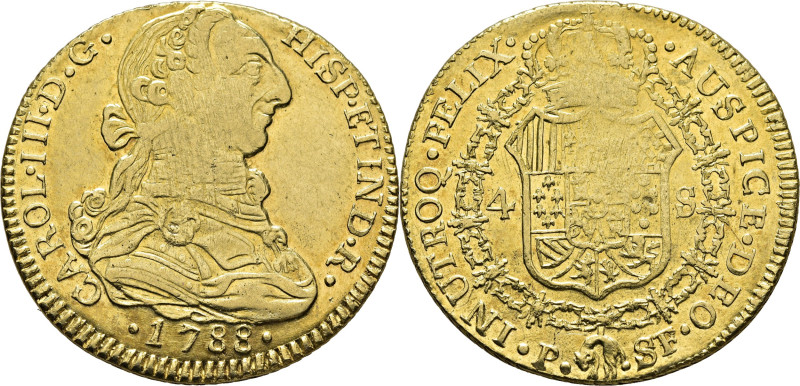 CARLOS III. Popayán. 4 escudos. 1788. SF. Falsa de época en oro. Restrepo68-20 c...