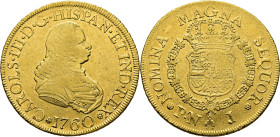 Popayán. 8 escudos. 1760. J. Busto de Fernando VI. Casi EBC-. Atractivo. Muy rara