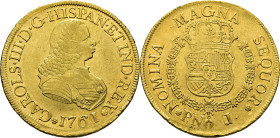Popayán. 8 escudos. 1761 sobre 0. J. Busto de Fernando VI. Mejor que EBC. Atractivo. Muy escasa