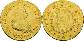 Popayán. 8 escudos. 1762. J. Busto de Fernando VI. Mejor que EBC. Atractivo. Llamativo resplandor. Muy escasa