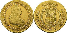Popayán. 8 escudos. 1767. J. Busto de Fernando VI. Casi EBC-. Muy escasa