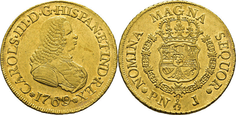 CARLOS III. Popayán. 8 escudos. 1769 sobre 7. J. Busto de Fernando VI. Cy12805. ...