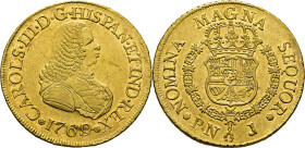 Popayán. 8 escudos. 1769 sobre 7. J. Busto de Fernando VI. Casi SC. Soberbio