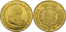 Popayán. 8 escudos. 1771. J. Busto de Fernando VI. Mejor que EBC. Atractivo. Muy escasa
