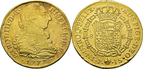 Popayán. 8 escudos. 1773. JS. EBC-/mejor que EBC. Atractivo